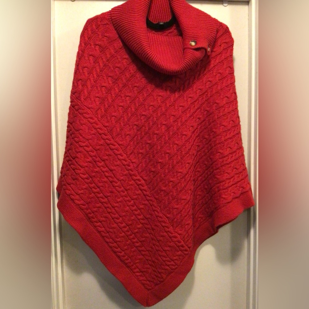 Talbots Red Cable-Knit Cowl Neck V-Line Poncho Sweater Cape Size XS